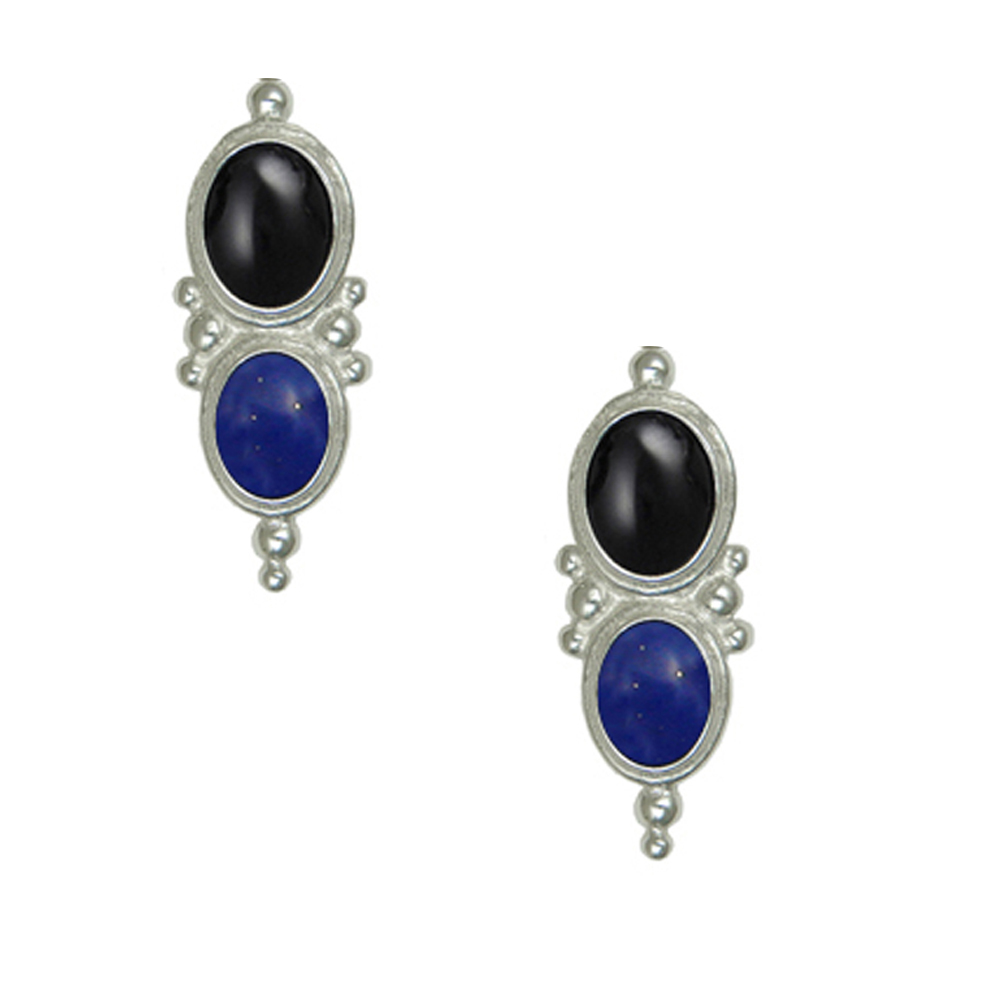 Sterling Silver Drop Dangle Earrings With Black Onyx And Lapis Lazuli